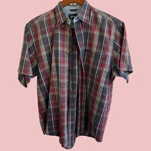 Woods & Gray Shirt Mens M Red‎ Plaid Linen Blend Short Sleeve Button Down Top